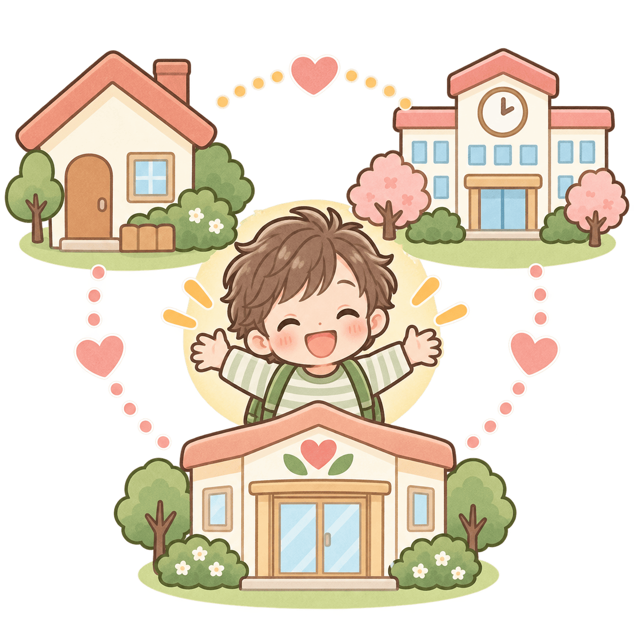 家庭と学校と支援施設が子どもを中心につながるイラスト