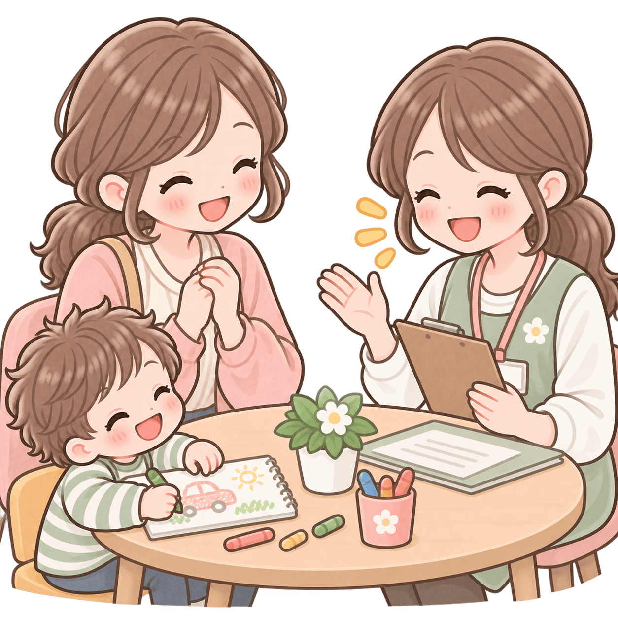 親子と職員がお話をしているイラスト