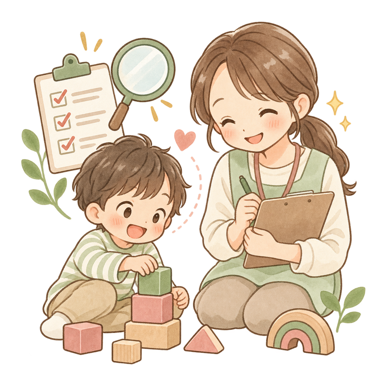 お子さまの様子を丁寧に確認するアセスメントのイラスト