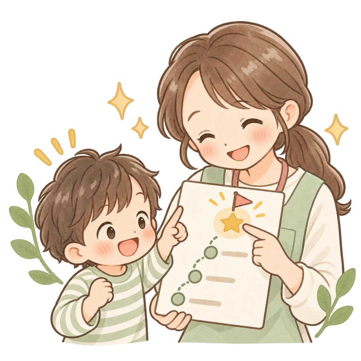 子どもと職員が一緒に目標を考えるイラスト