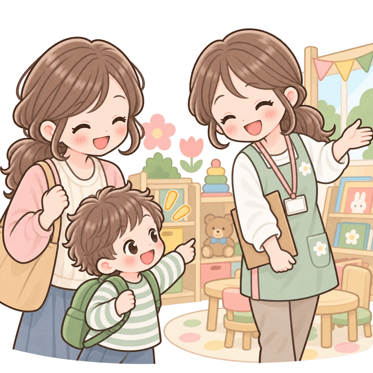 親子が施設を見学し職員が案内しているイラスト
