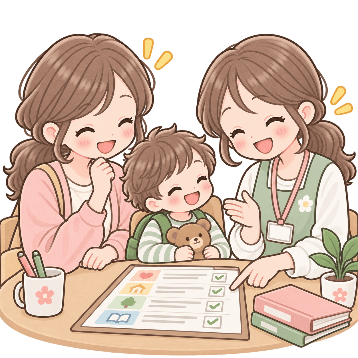 親子と職員が利用に必要な書類を確認しているイラスト