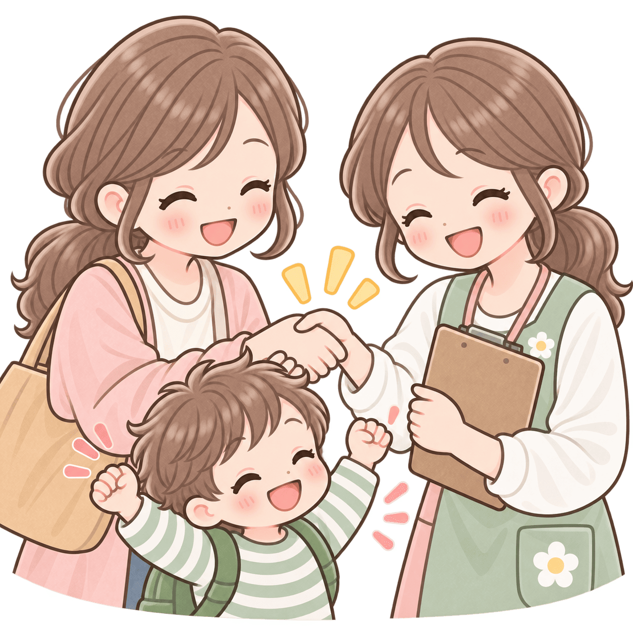 保護者と職員が契約内容を確認し握手をしているイラスト