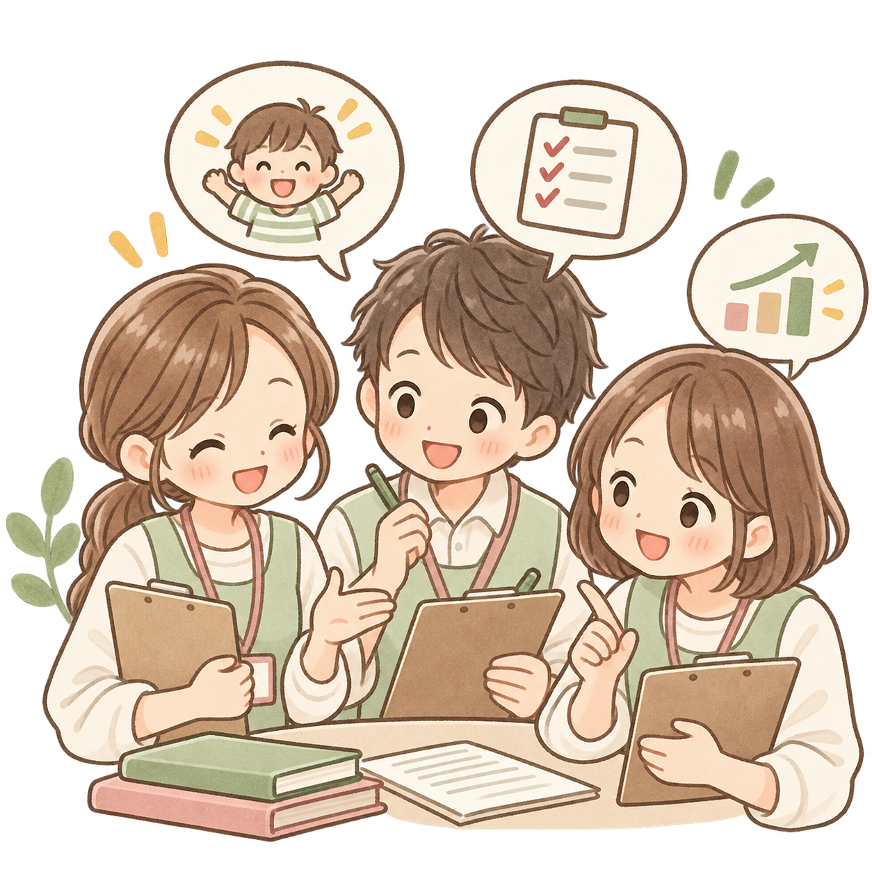 職員がチームで子どもの支援について振り返るイラスト