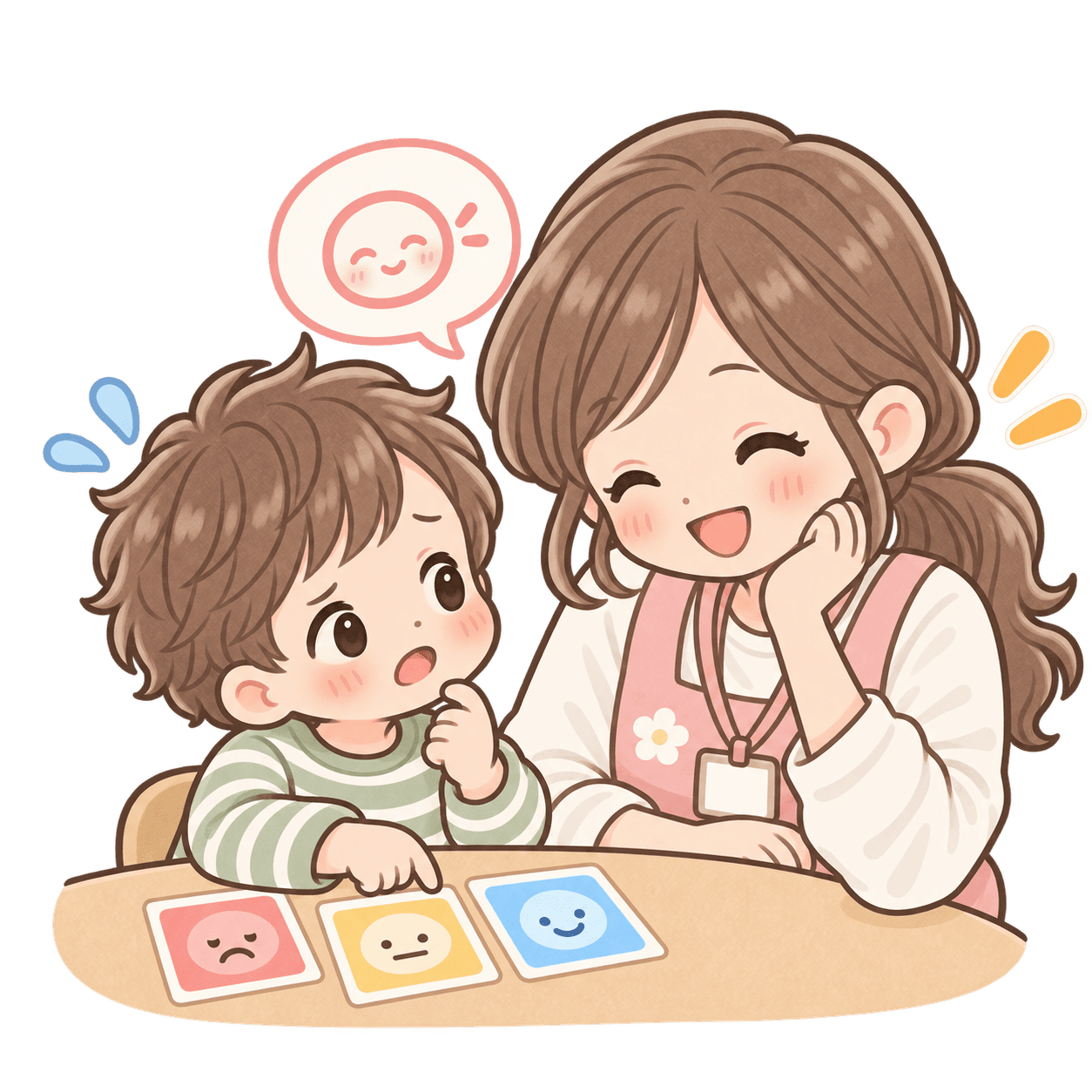 気持ちカードを使いながら職員と気持ちを伝える練習をする子どものイラスト