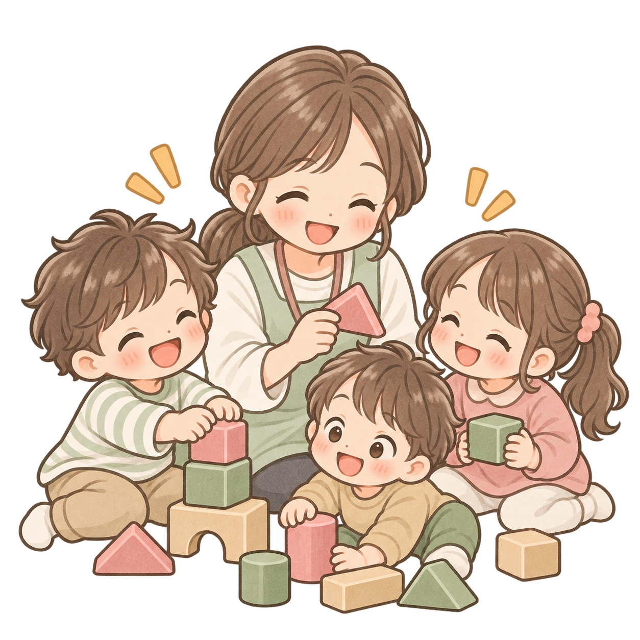 職員と子どもたちが一緒に集団活動を楽しむイラスト