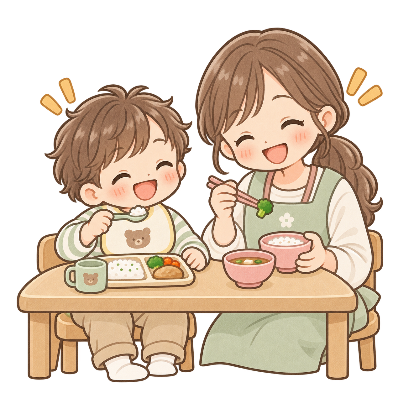 職員と子どもが一緒に昼食を楽しむイラスト