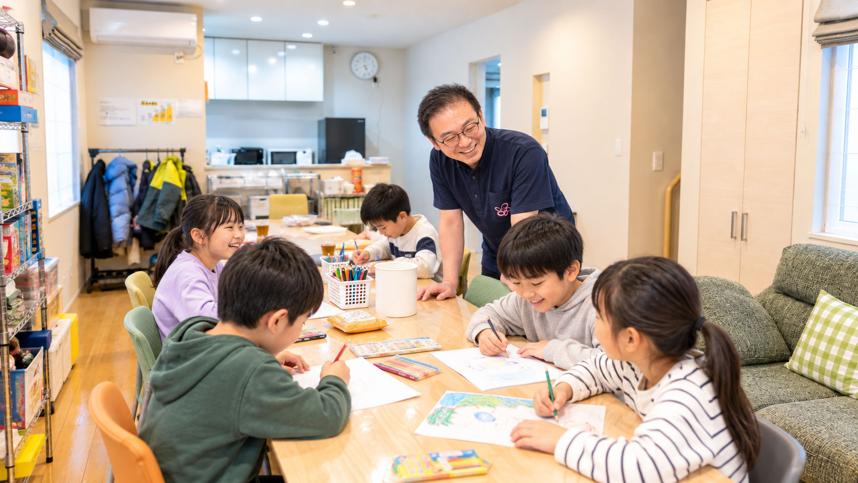 はなまる北ラムの室内で子どもたちとスタッフが一緒に過ごしている様子