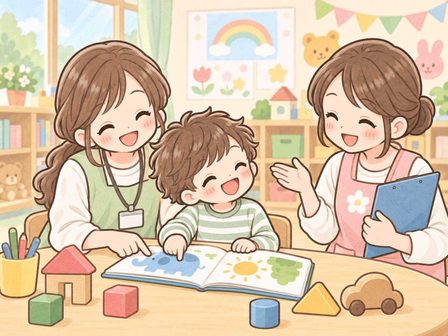 ぽっけりんくの職員が園や学校を訪問し先生と一緒に子どもの支援を考えるイラスト