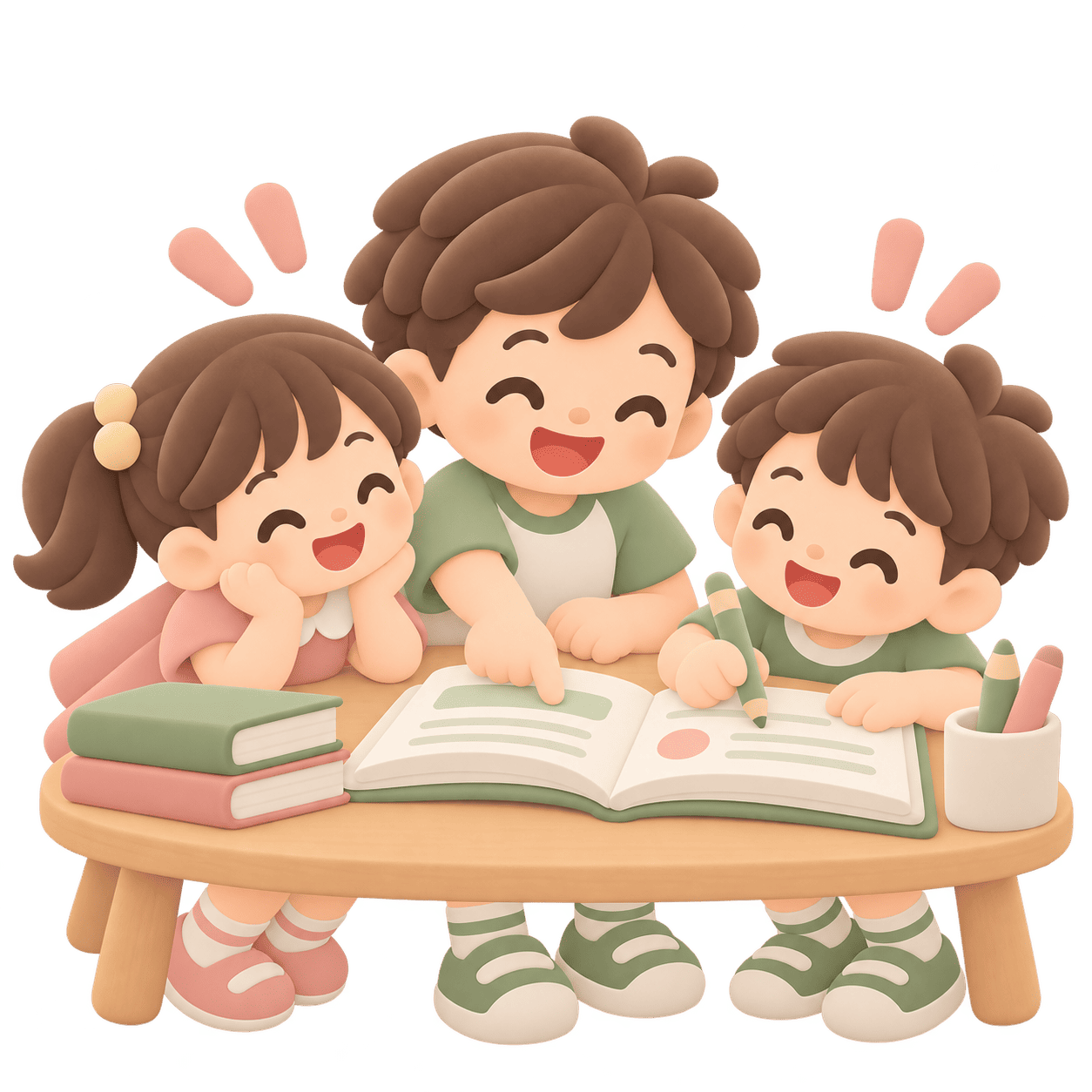子どもたちが一緒に教材を囲んで学ぶイラスト