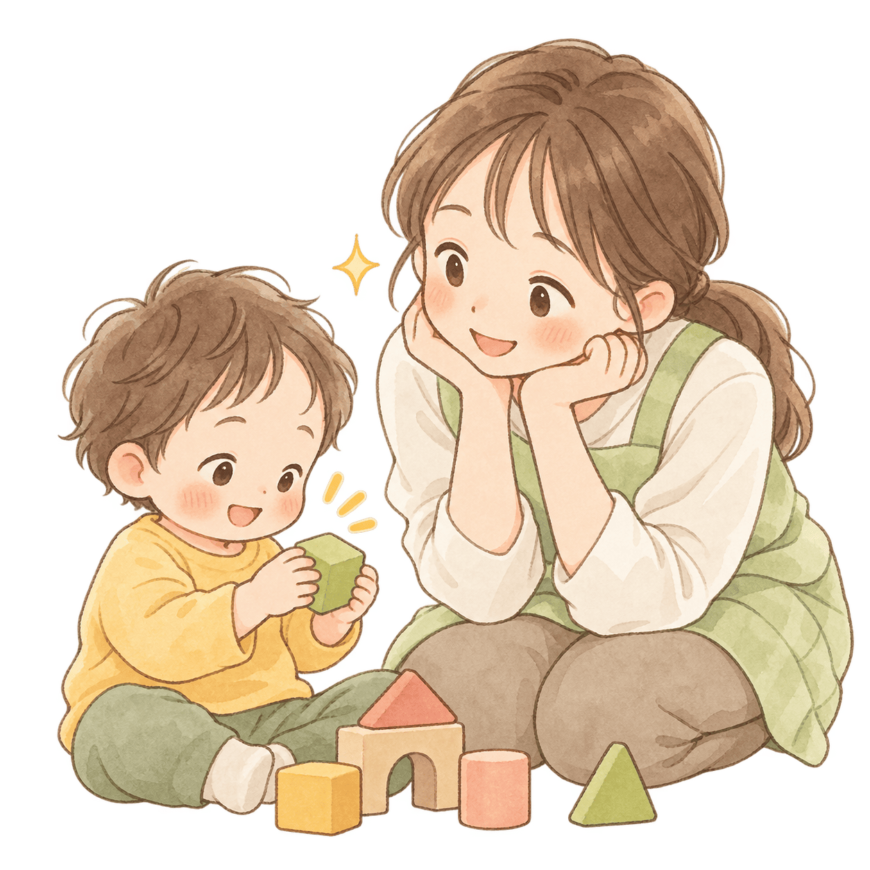子どもの様子を丁寧に見守るスタッフのイラスト