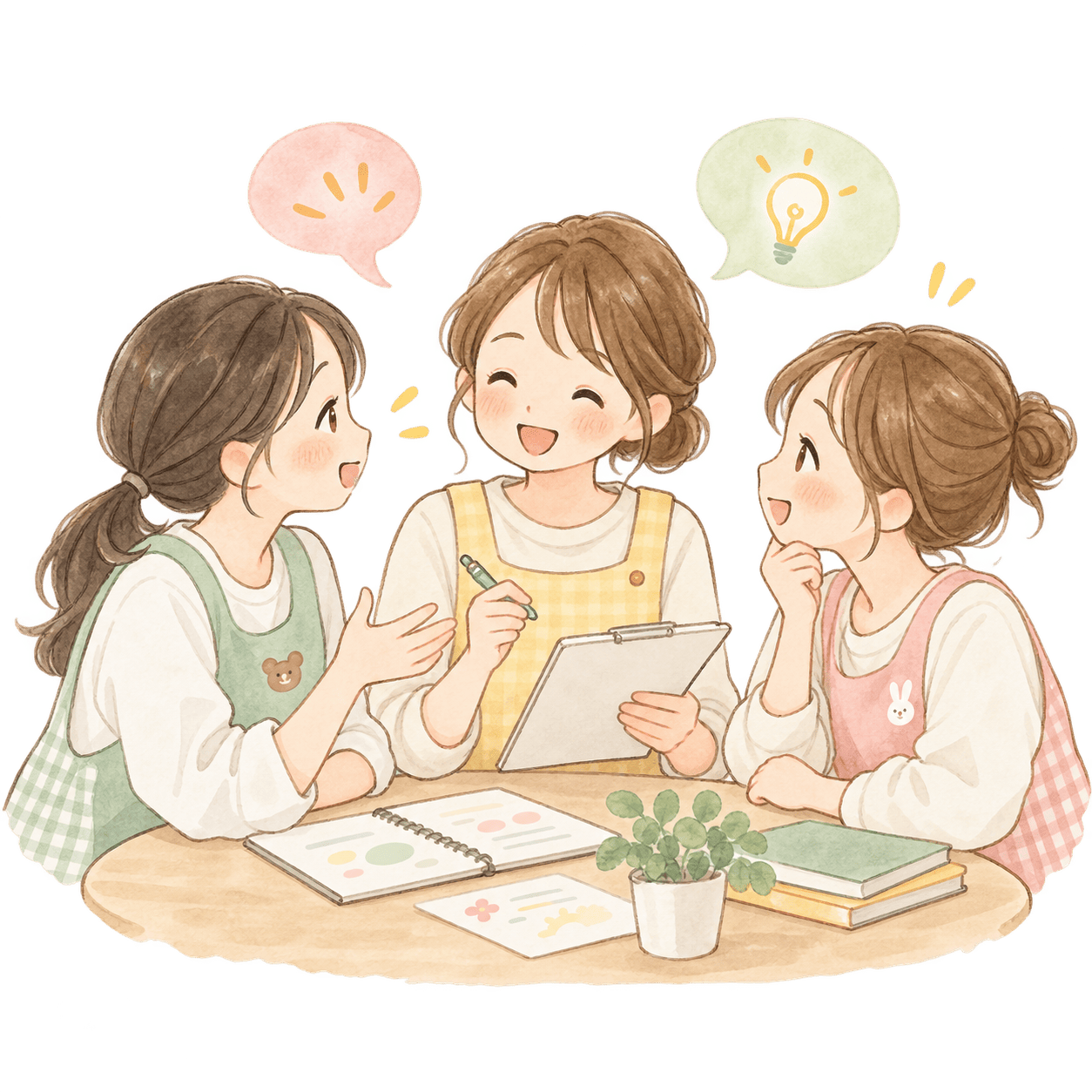 スタッフ同士で支援について話し合うイラスト