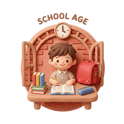 ランドセルや本と一緒に学ぶ就学児をイメージした3Dイラスト