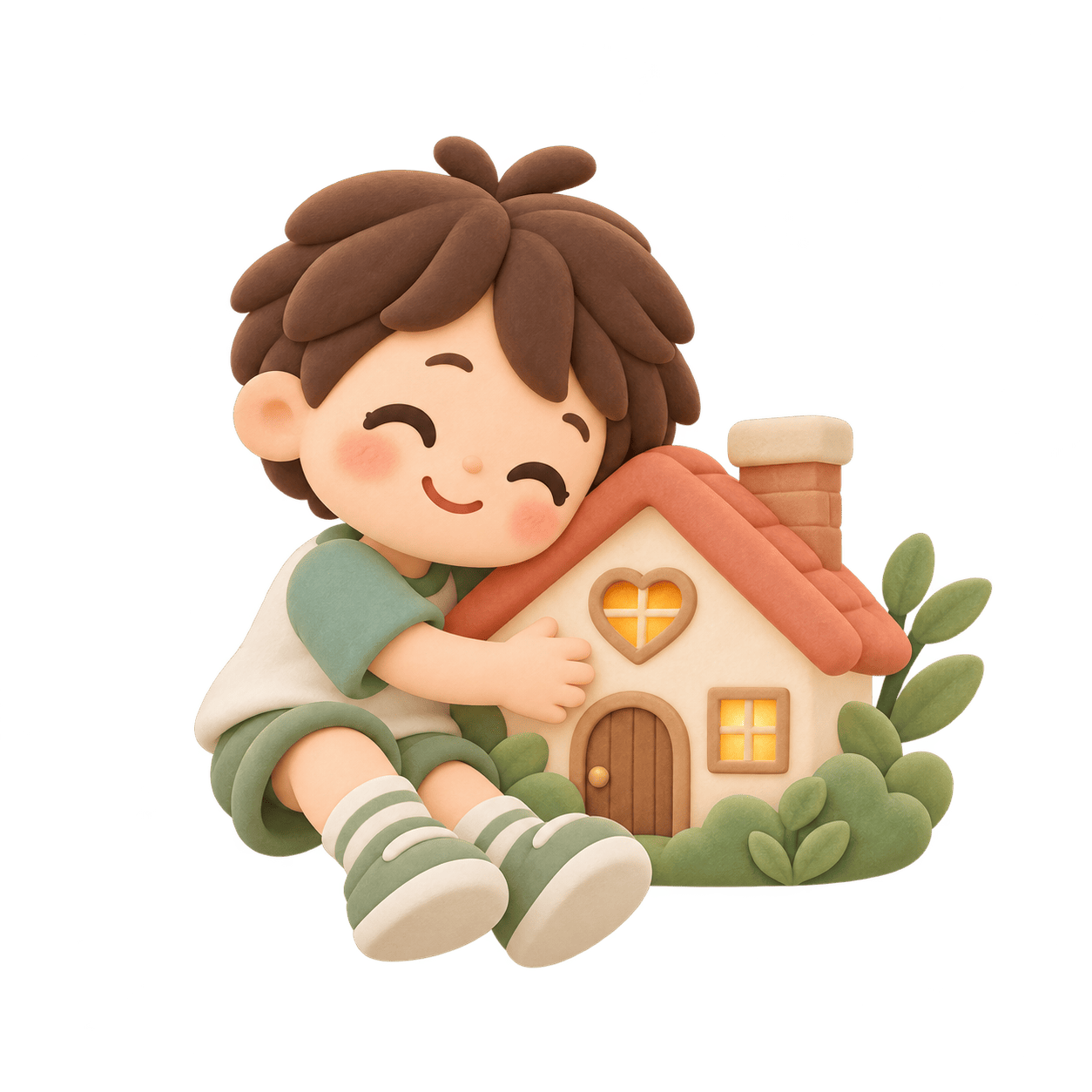 安心できる場所を表現した子どもと家の3Dイラスト