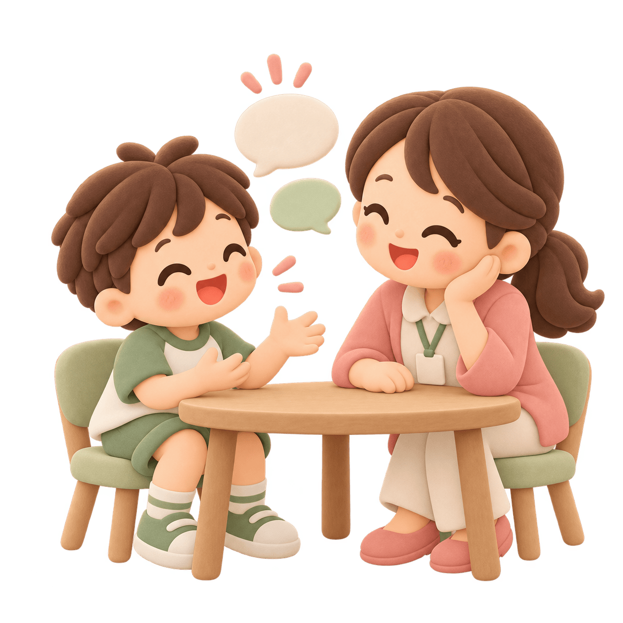 子どもとスタッフが向き合って対話する3Dイラスト