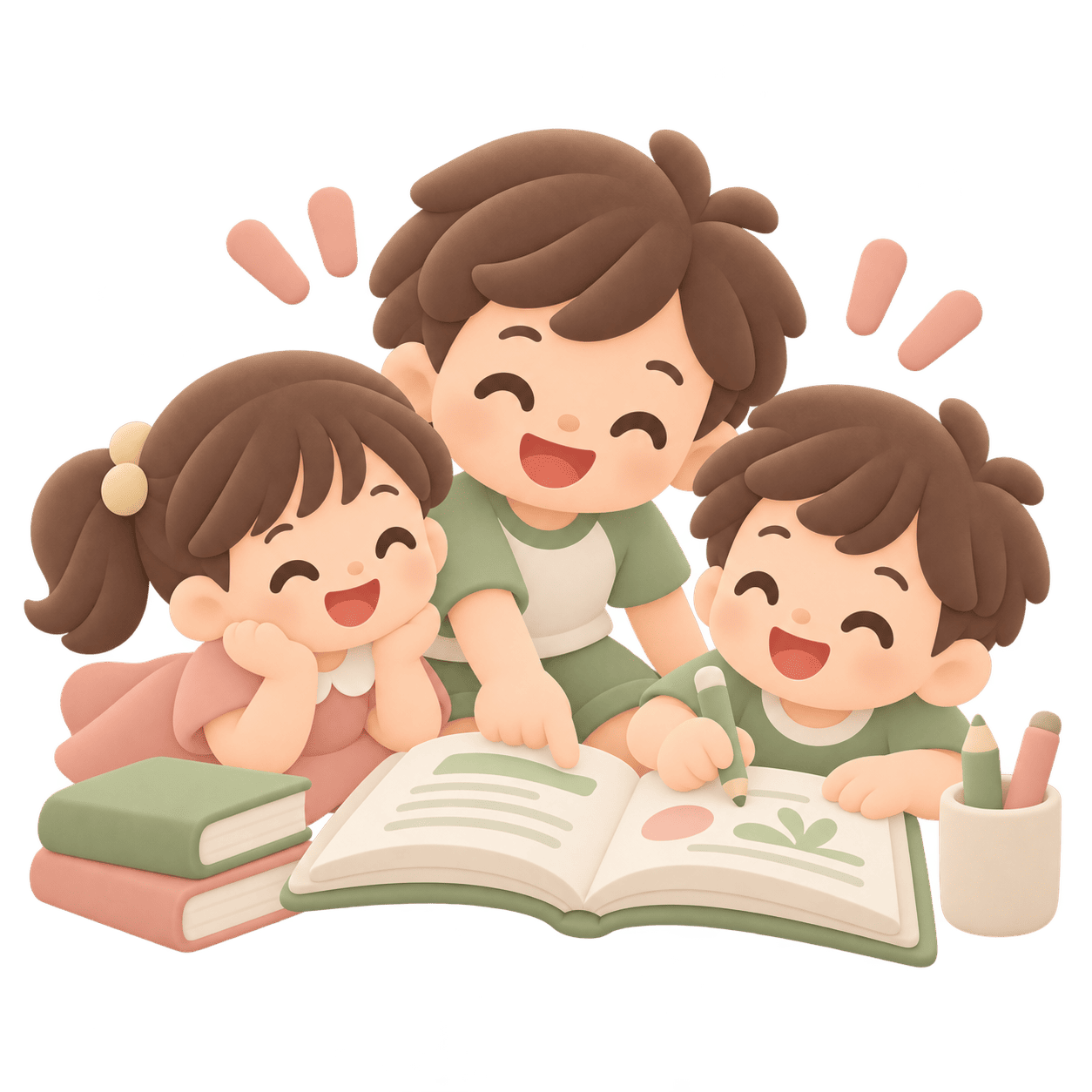 一緒に考えながら学ぶ子どもたちのイラスト