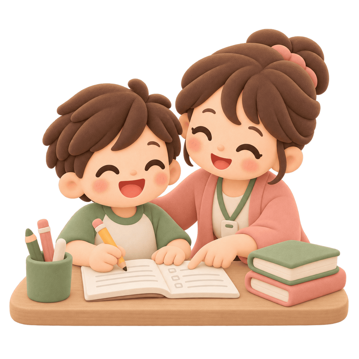 子どもの学習をスタッフがそばで支える3Dイラスト