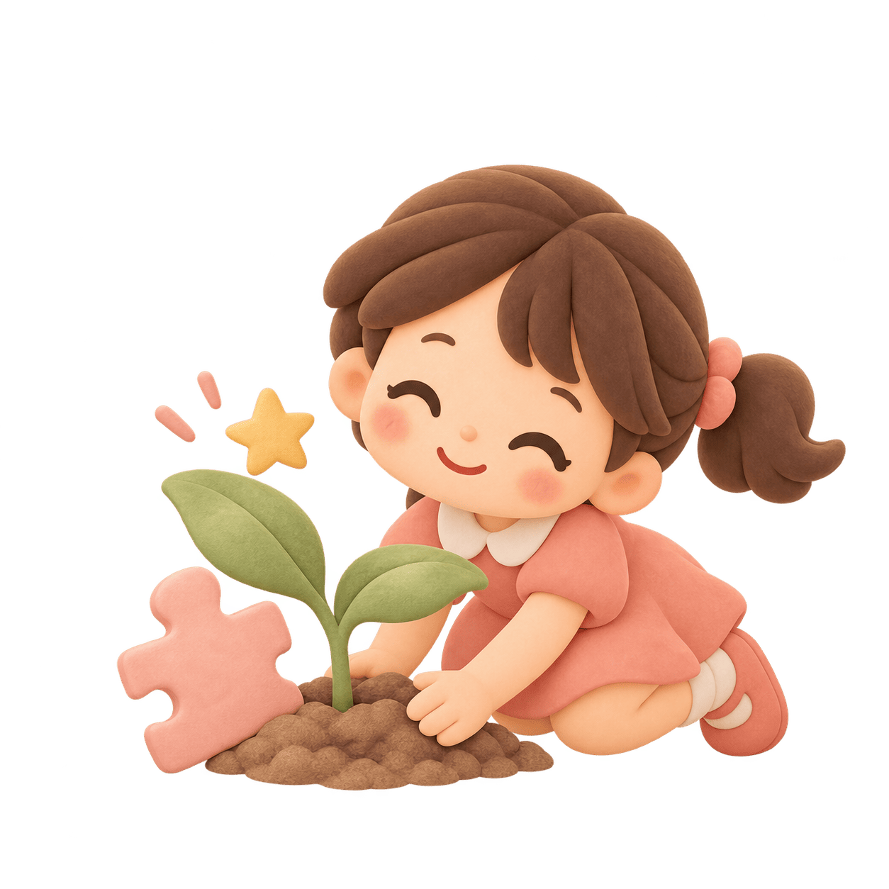 一人ひとりの成長を見守る子どもと芽の3Dイラスト