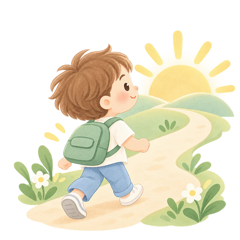 安心できる場所から明るい未来へ続く道を歩く子どものイラスト