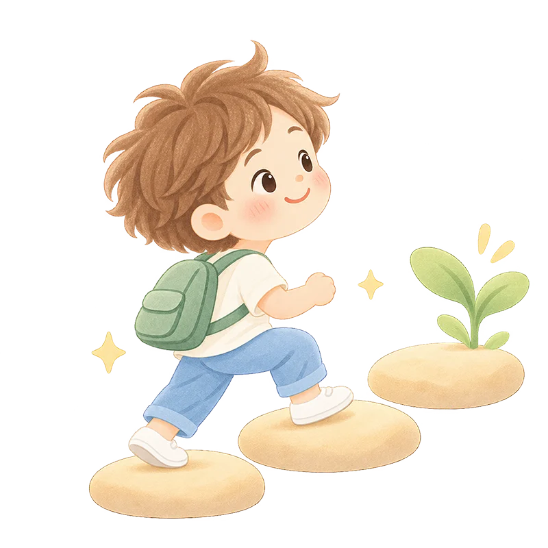 小さなステップを一歩ずつ進み、その先の芽へ向かう子どものイラスト