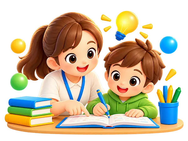 スタッフと一緒に机に向かい学習する子どものイラスト
