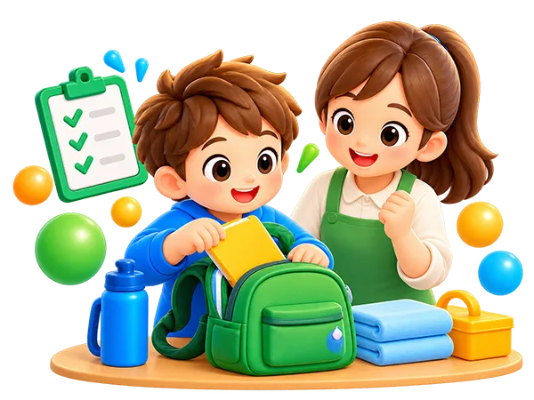 自分で持ち物を準備する子どもをスタッフが見守るイラスト