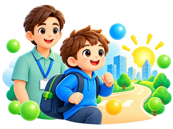 スタッフに見守られながら未来へ向かって歩く子どものイラスト
